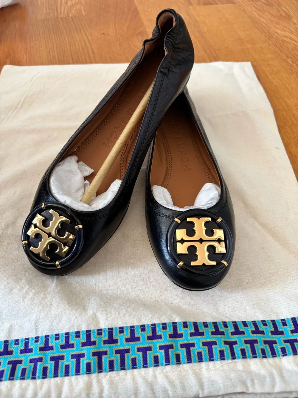 Brand New Tory Burch Black Leather Ballet Flats with Gold Medallion-Never worn